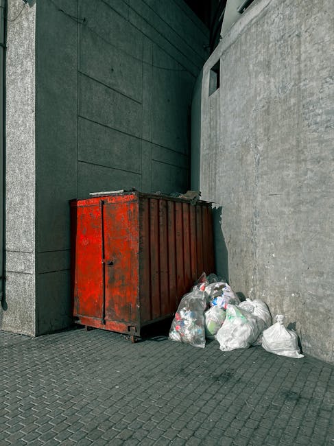 A collection of assorted rubbish and waste materials piled on a paved driveway, including black plastic garbage bags, cardboard boxes, and plastic containers, with some items partially torn or flatten